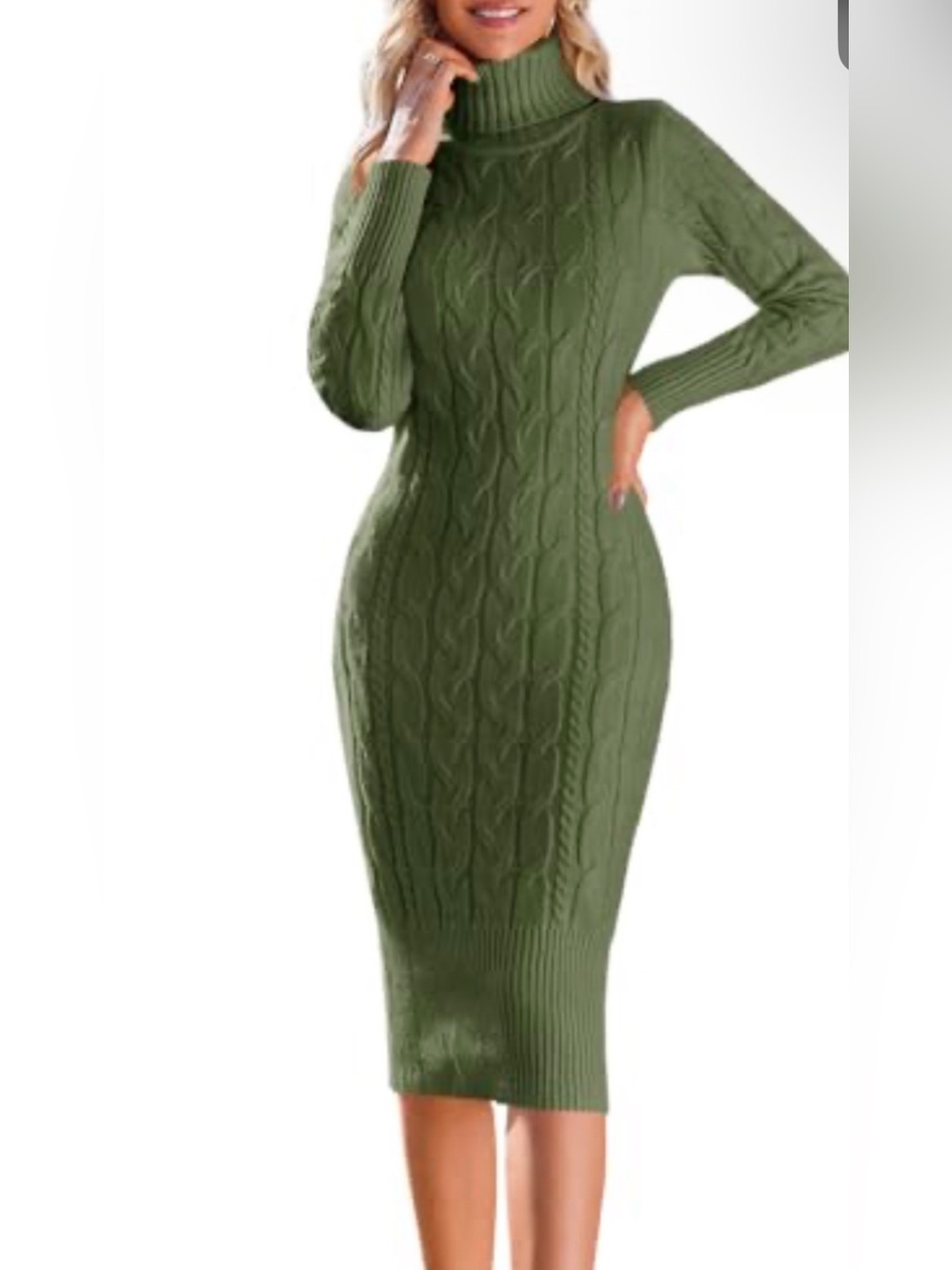 Olive Green Cable Knit Turtleneck Sweater Dress
